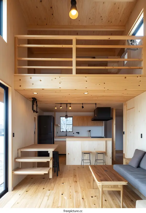 Modern Wooden Interior Design With Loft and Kitchen