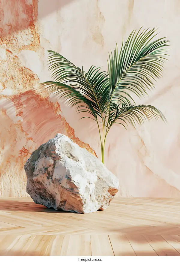 Minimalist Scene with Palm Tree and Stone on Wooden Floor