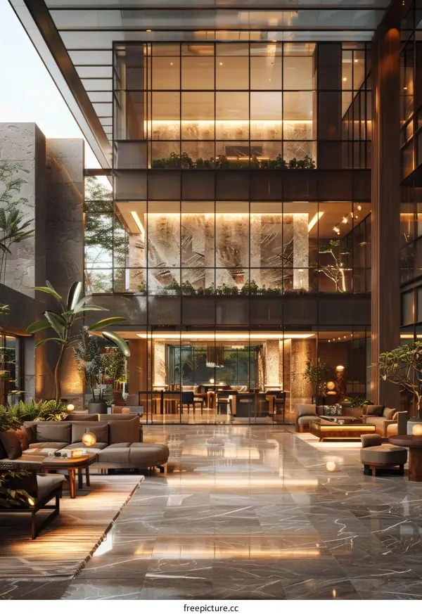 Modern and Spacious Hotel Lobby with Comfortable Seating Areas