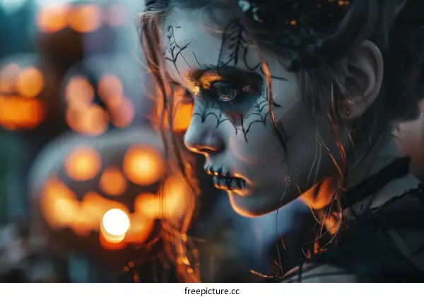 A young woman with a scary face paint for Halloween.