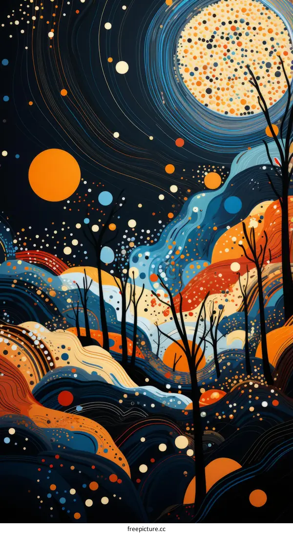 Colorful forest landscape with blue and orange trees and a starry night sky