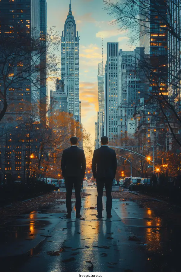 Two businessmen looking at the New York City skyline