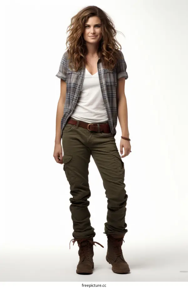 A young woman wearing a plaid shirt and cargo pants