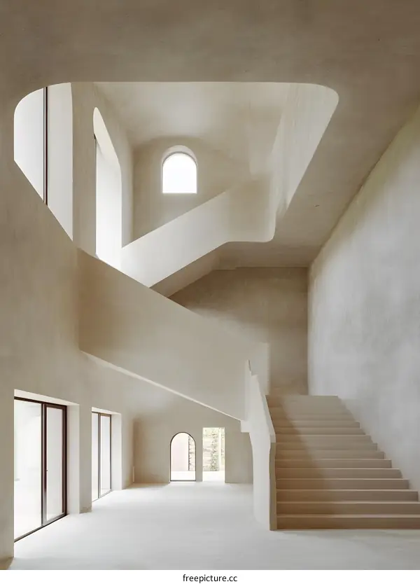 Modern Minimalist Interior Design with Curved Staircase and Arch Windows