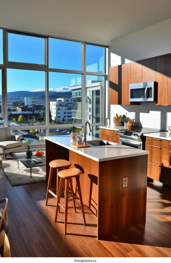 Modern kitchen with large windows and a view of the city