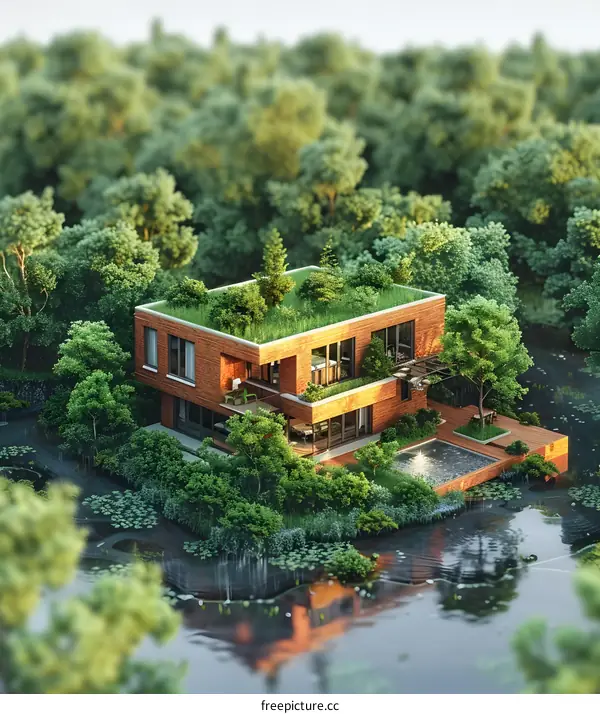The modern house is surrounded by green plants and water.