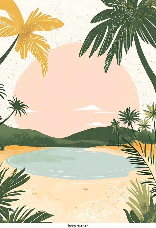 Tropical Beach Illustration with Palm Trees