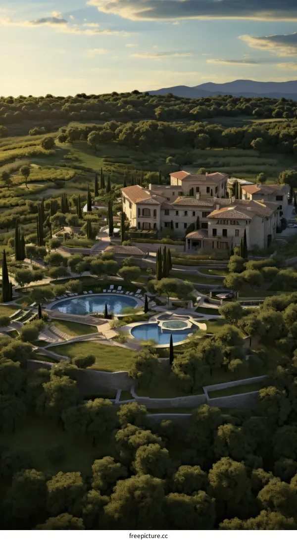 Spectacular Aerial View of Countryside Mansion with Swimming Pool