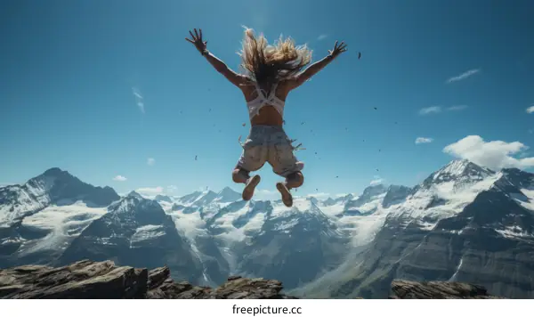 woman jumping in the mountains