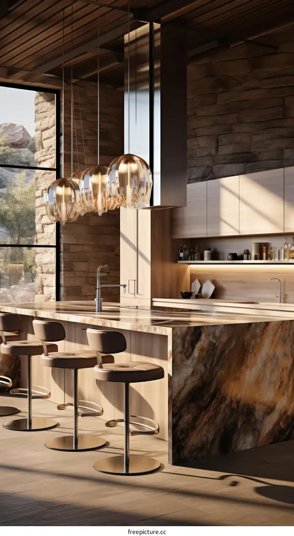 Modern kitchen interior design with large windows and marble countertops