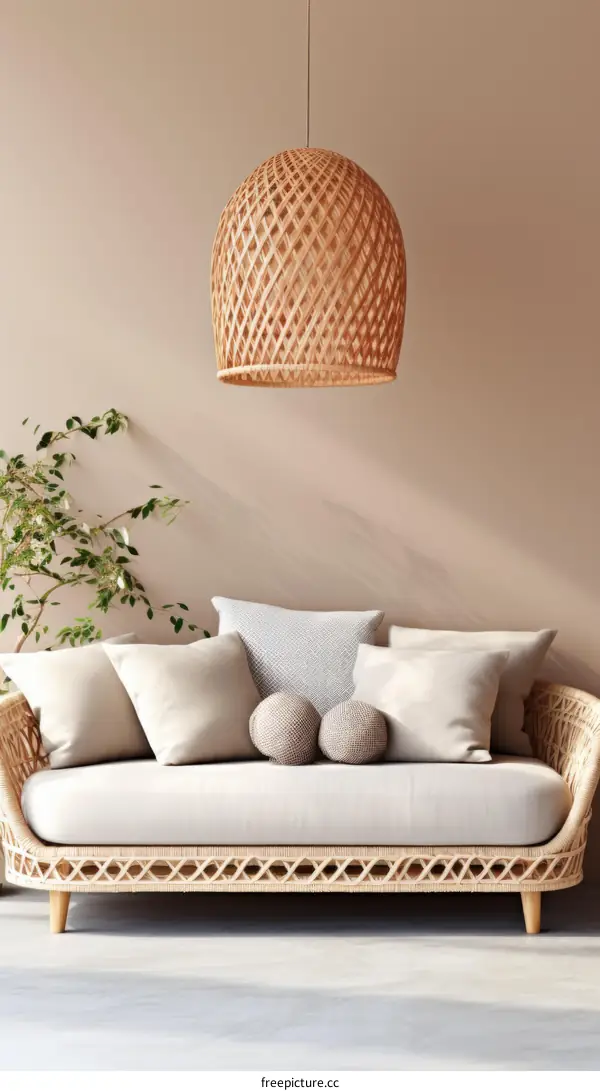 Modern minimalist living room interior with beige sofa and wicker lamp