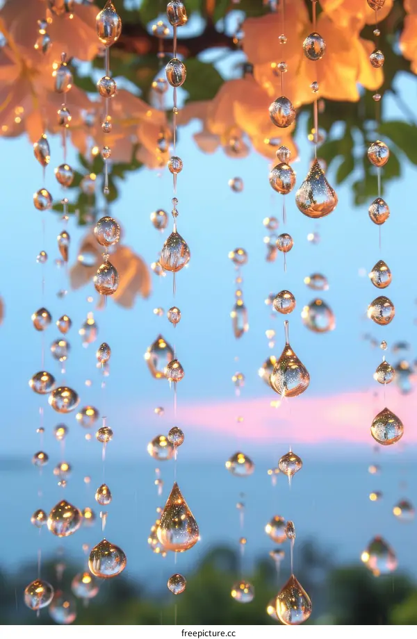 Crystal clear raindrops hanging from a tree branch