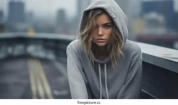 Portrait of a young woman in a gray hoodie looking at the camera with a serious expression