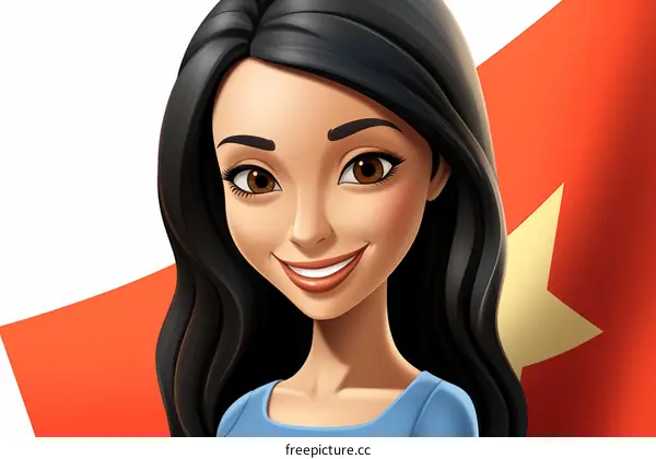 Illustration of a young Vietnamese woman in traditional dress smiling in front of a Vietnamese flag