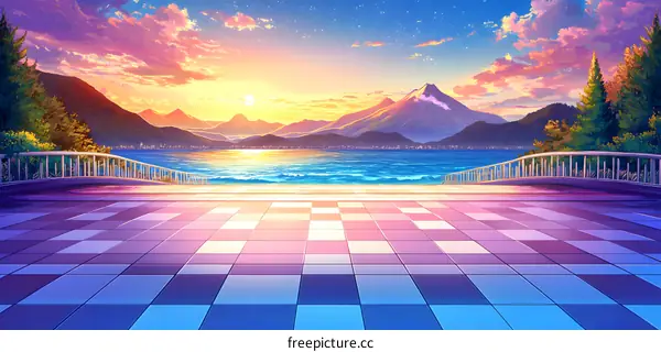 Beautiful Sunset Landscape with Mountains and a Bridge