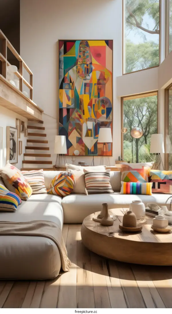 Modern living room interior with large painting and comfortable sofa