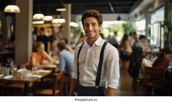 Portrait of a young male waiter in a busy restaurant