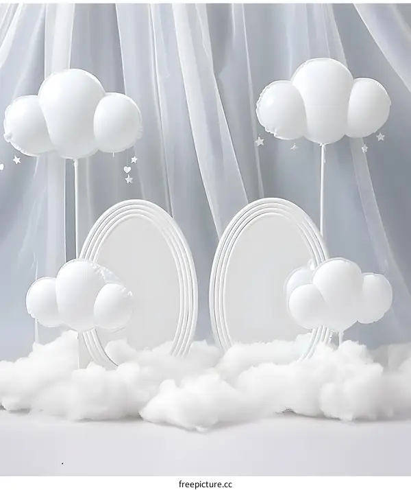 White Cloud Balloons and Mirrors with White Fabric Background