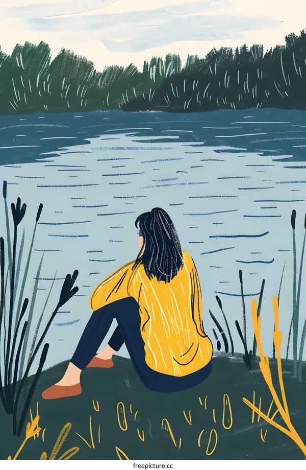 Woman Sitting by the Lake, Colorful Illustration