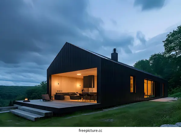 Modern Black Cabin with a View of the Forest