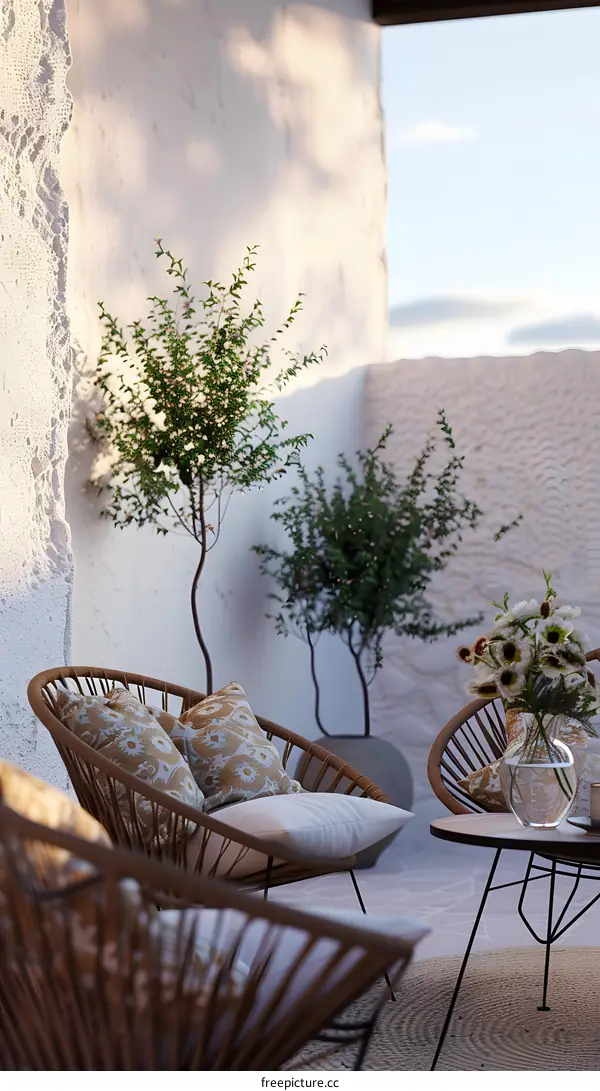 Minimalist Patio With Wicker Chairs and Plants