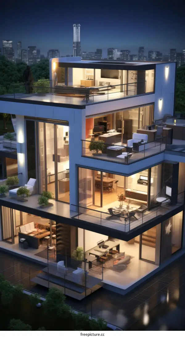 A three-story contemporary house with a rooftop terrace and a cityscape view