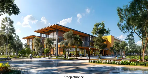 Modern Building With Green Trees and People