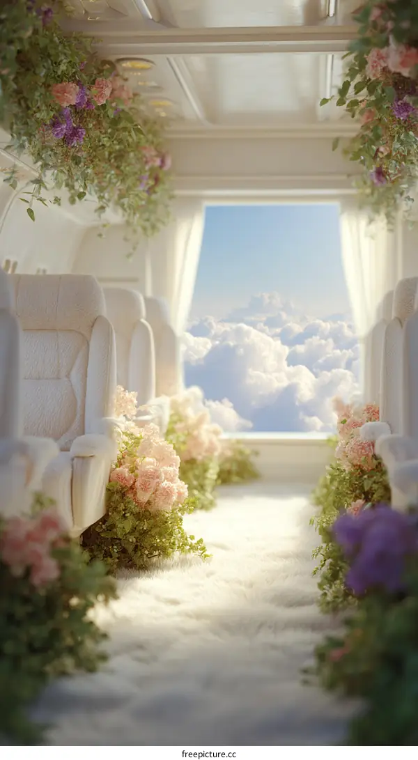Floral Decorated Airplane Interior with Sky View