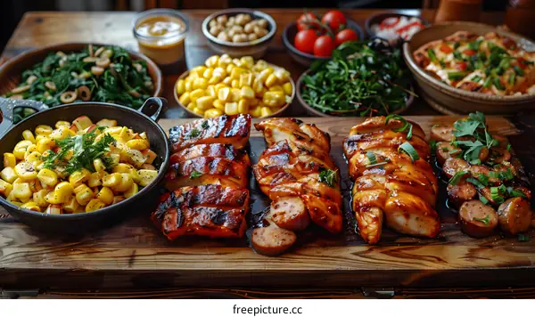 A delicious meal of grilled chicken, sausage, potatoes, corn, and salad