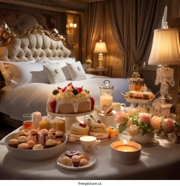 Elegant hotel room with a large bed, a table with afternoon tea, and a bouquet of roses