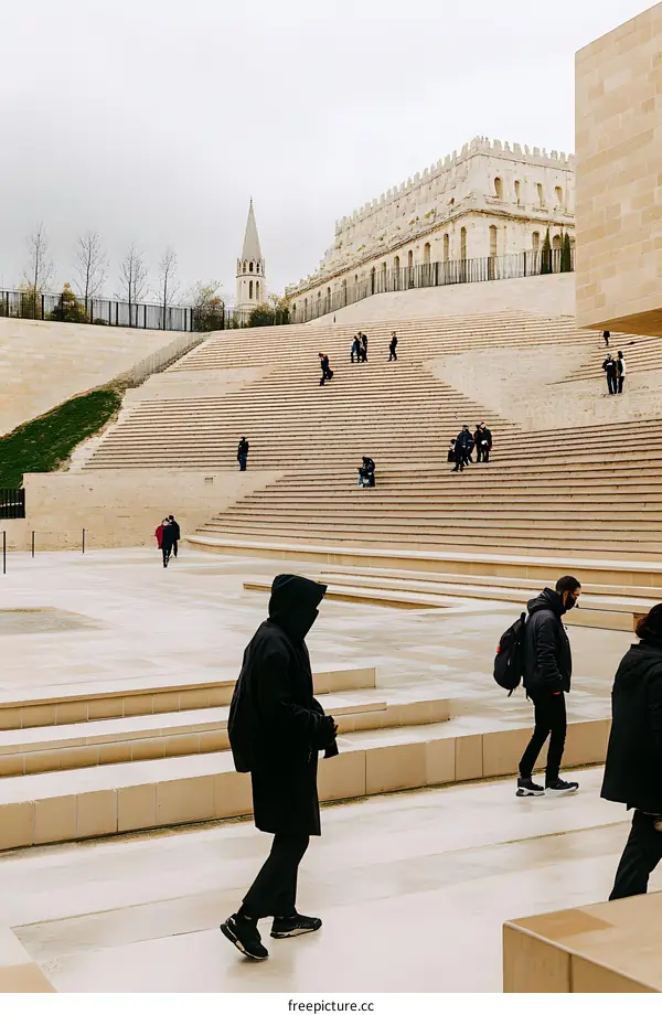 Large Stone Steps with People Walking in a Cityscape