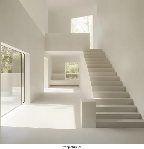 Minimalist Interior Design With White Walls and Stairs