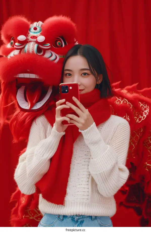 A young woman in a red scarf taking a selfie with a lion dance performer in the background