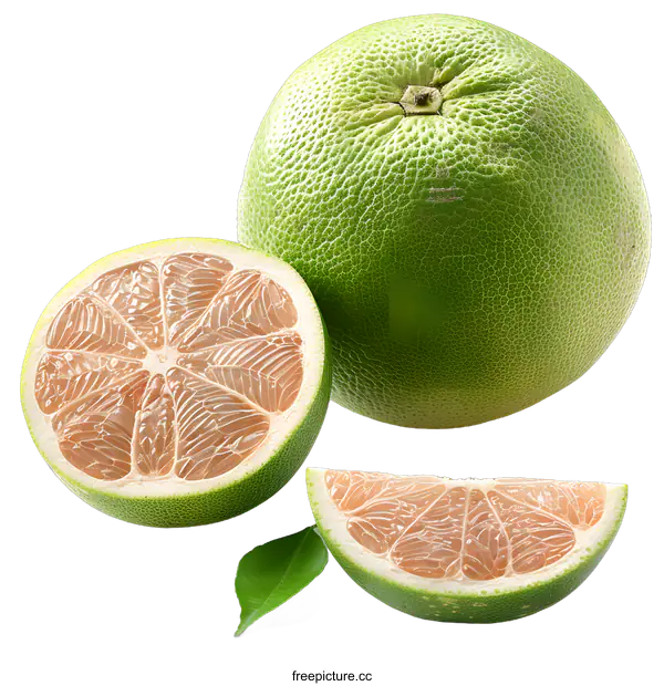 [Transparent Background PNG]pomelo fruit with green peel and pink flesh