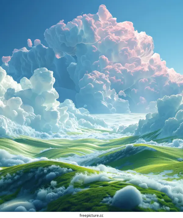 Dreamy Fantasy Landscape with Fluffy Clouds and Verdant Hills