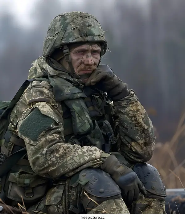 A soldier sits on a log and ponders his next move during a break in the fighting.