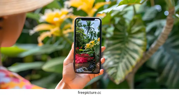 Woman Taking Picture of Tropical Garden on Smartphone