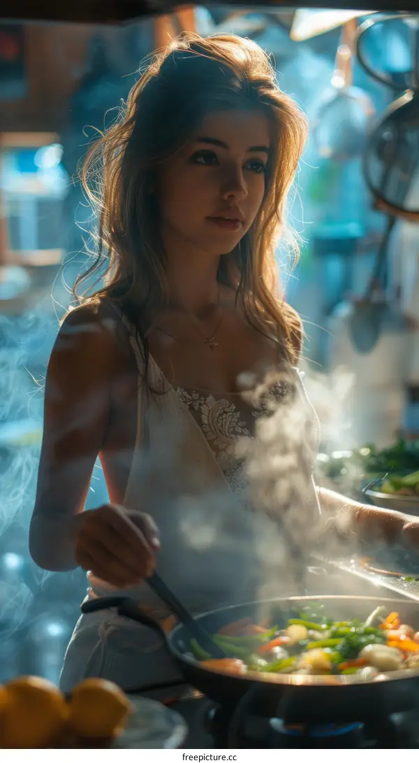 Blonde Woman Cooking at Kitchen
