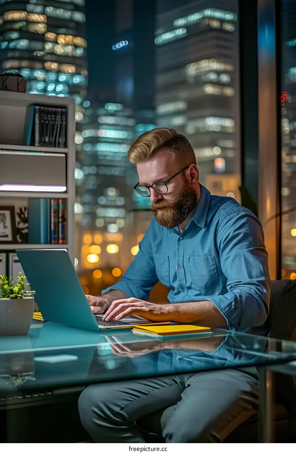 Bearded man working on laptop in modern office at night