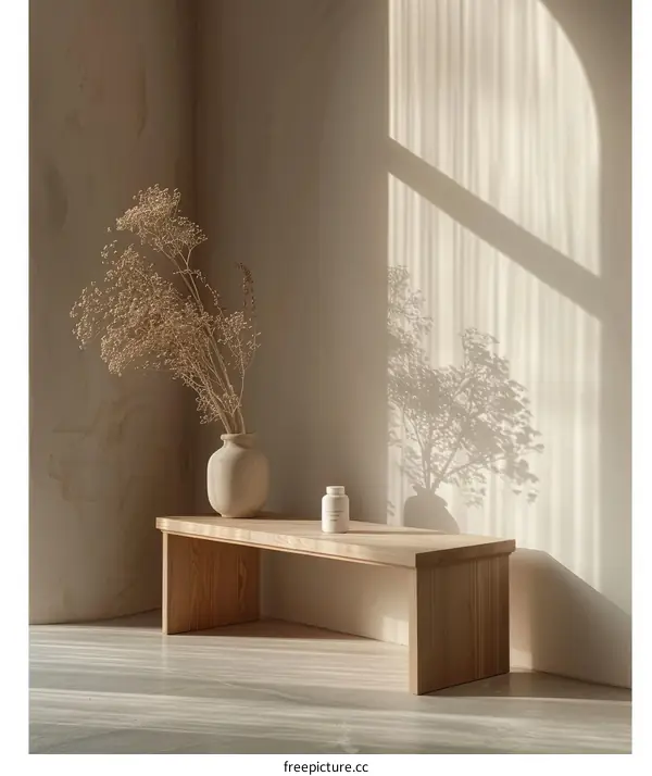 Dried flowers in a vase on a wooden bench
