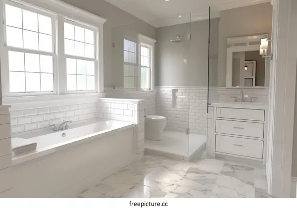 A bathroom with white marble瓷砖