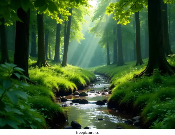 Sunbeams Through the Trees in a Lush Forest