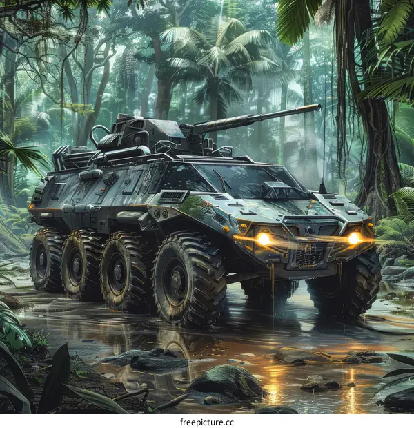 An illustration of a military vehicle in a jungle