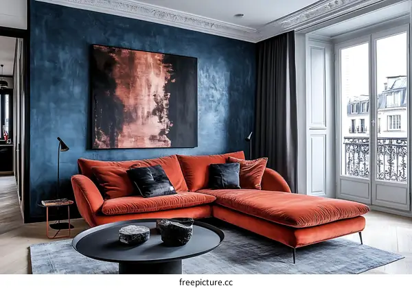 Modern Living Room Interior Design with Deep Blue Walls and an Orange-Red Sectional Sofa