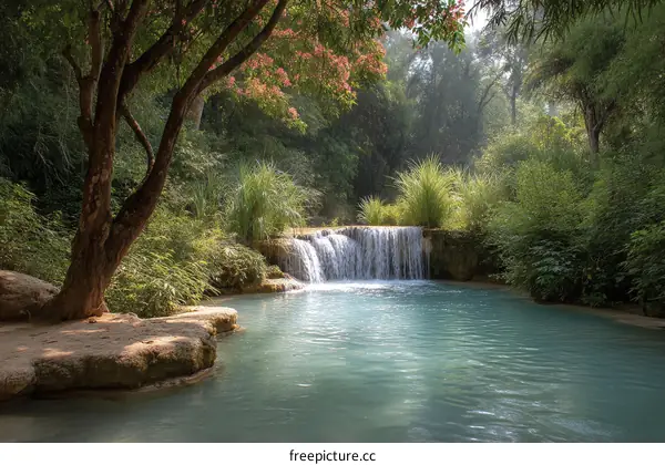 Tranquil Waterfall in Lush Tropical Forest