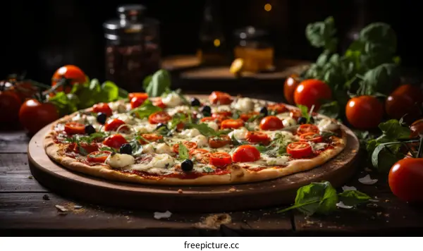 Freshly Baked Pizza with Tomatoes, Basil, and Mozzarella