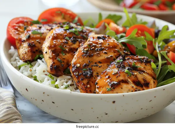 Grilled chicken breast with rice and salad