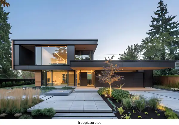 Modern Black and Wood House with Landscaping