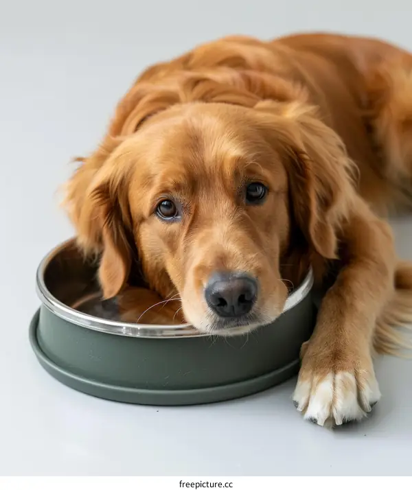 A Golden Retriever dog lying next to a green bowl