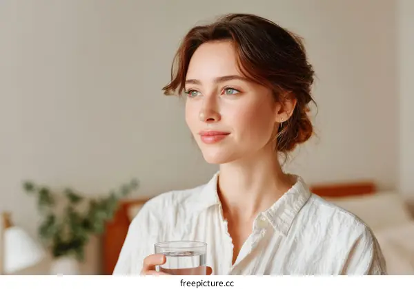 Woman Drinking Water in a Cozy Bedroom